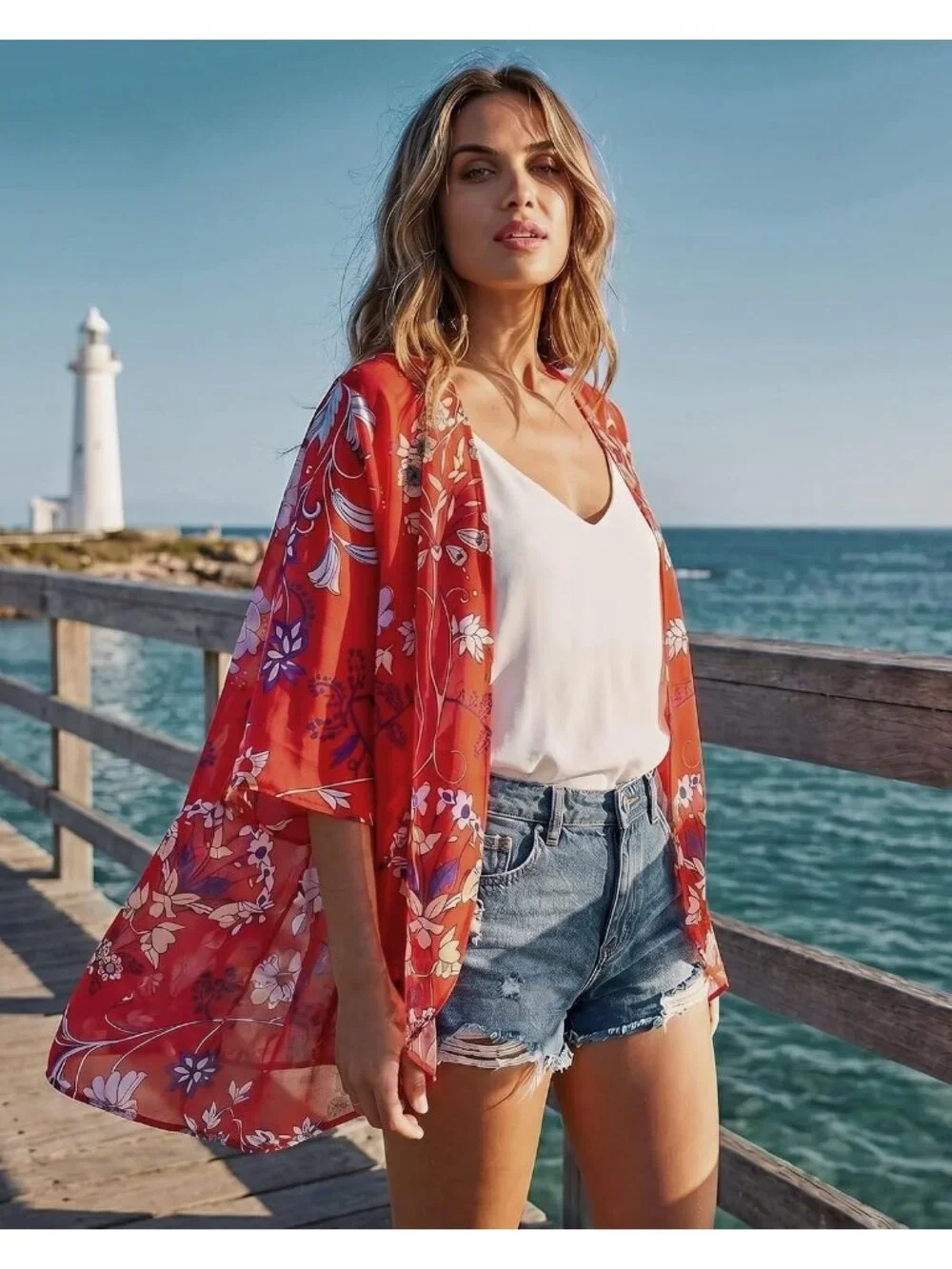 Womens Red Polyester Kimono Cardigan Beach Swimwear Cover Up Floral Puff Sleeve